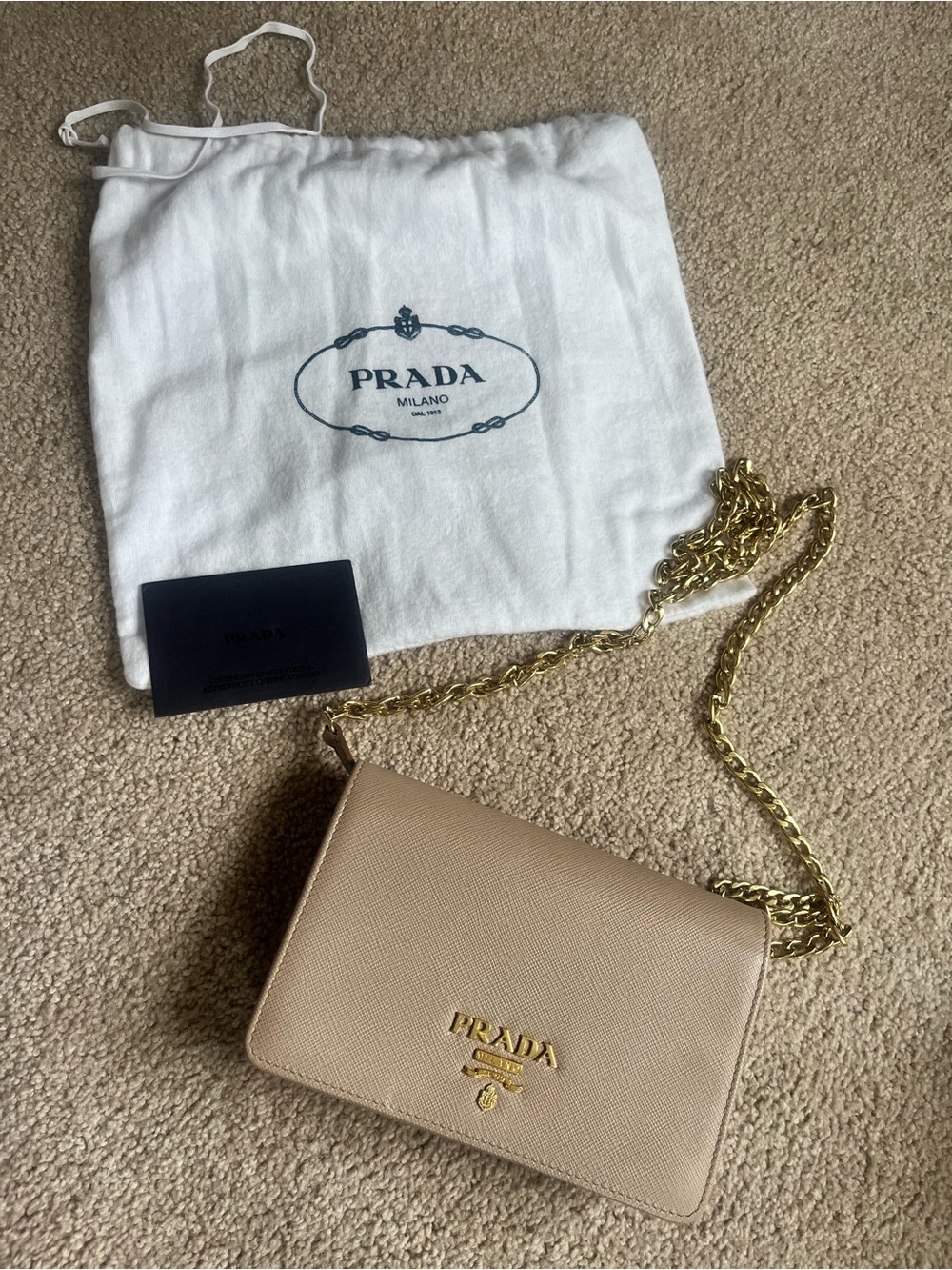 Prada Beige Saffiano Leather Crossbody Bag with Gold Chain